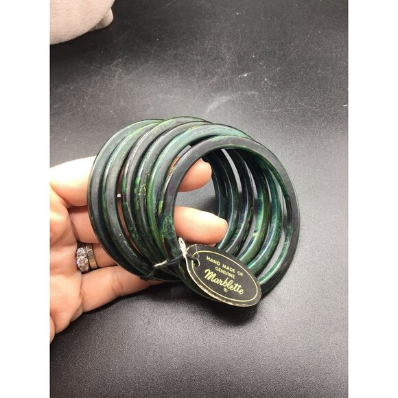 Vintage Bakelite Bangles Dark Green Swirled Genuine Marbled New Old Stock w Tag - Picture 2 of 6